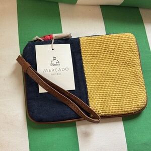 Mercado Global Handwoven Denim Blue Yellow Pink Zip Clutch Wristlet NWT